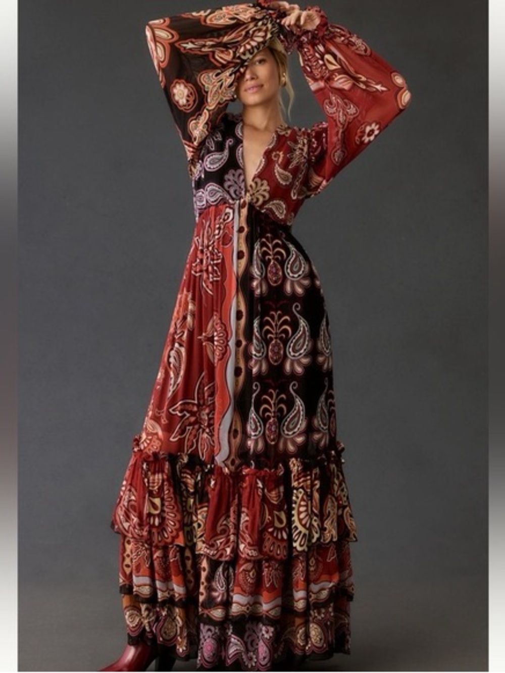FARM Rio Patchwork Paisley Maxi Dress in Rust and Black